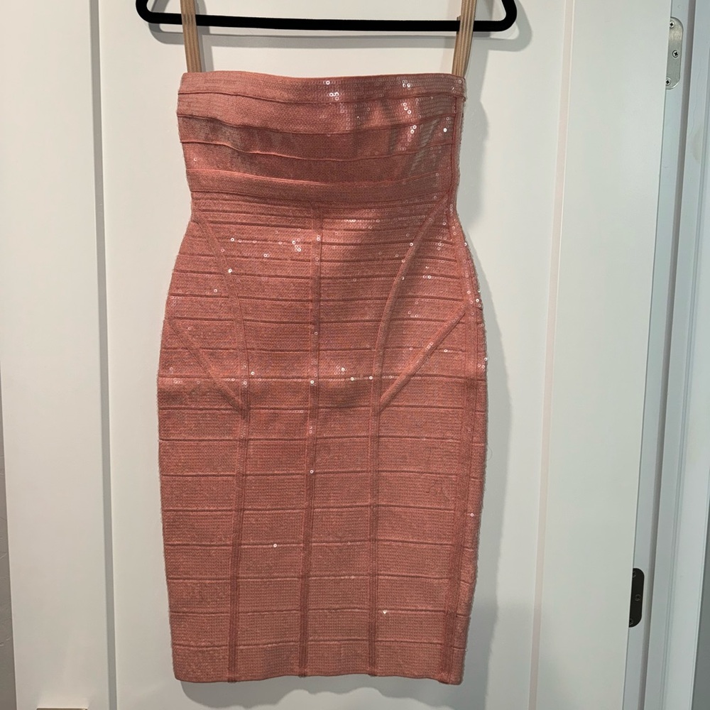 Herve Leger Sequin Strapless Dress in Pink